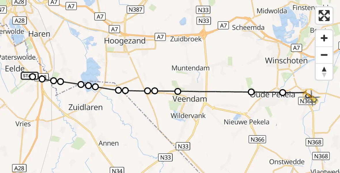 Vluchtroute Traumahelikopter Groningen Airport Eelde - Blijham, 25 augustus 2026, 08:50
