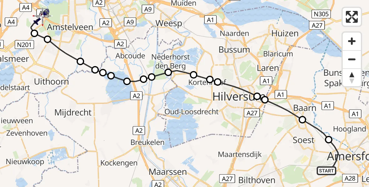 Vluchtroute Politiehelikopter Amersfoort - Amsterdam Vliegveld Schiphol, 25 augustus 2026, 10:11