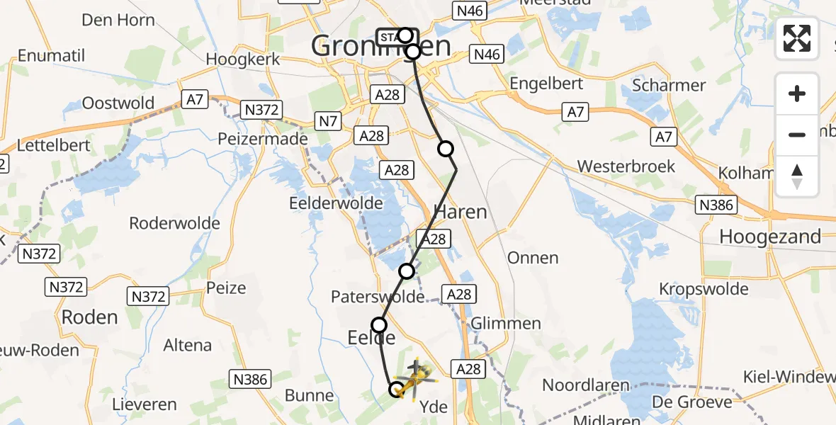 Vluchtroute Traumahelikopter Universitair Medisch Centrum Groningen - Groningen Airport Eelde, 25 augustus 2026, 10:16