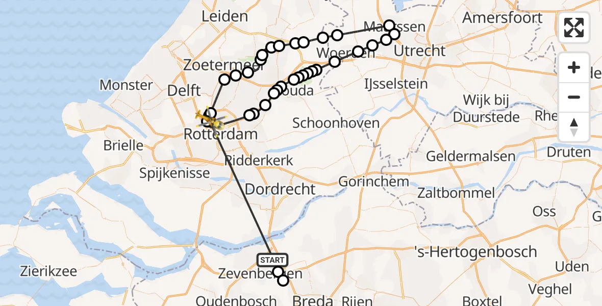 Vluchtroute Traumahelikopter Zevenbergschen Hoek - Rotterdam The Hague Airport, 25 augustus 2026, 11:03