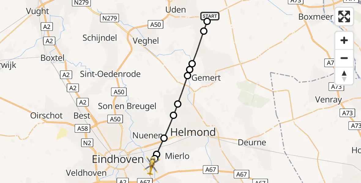 Vluchtroute Traumahelikopter Vliegbasis Volkel - Geldrop, 25 augustus 2026, 11:55