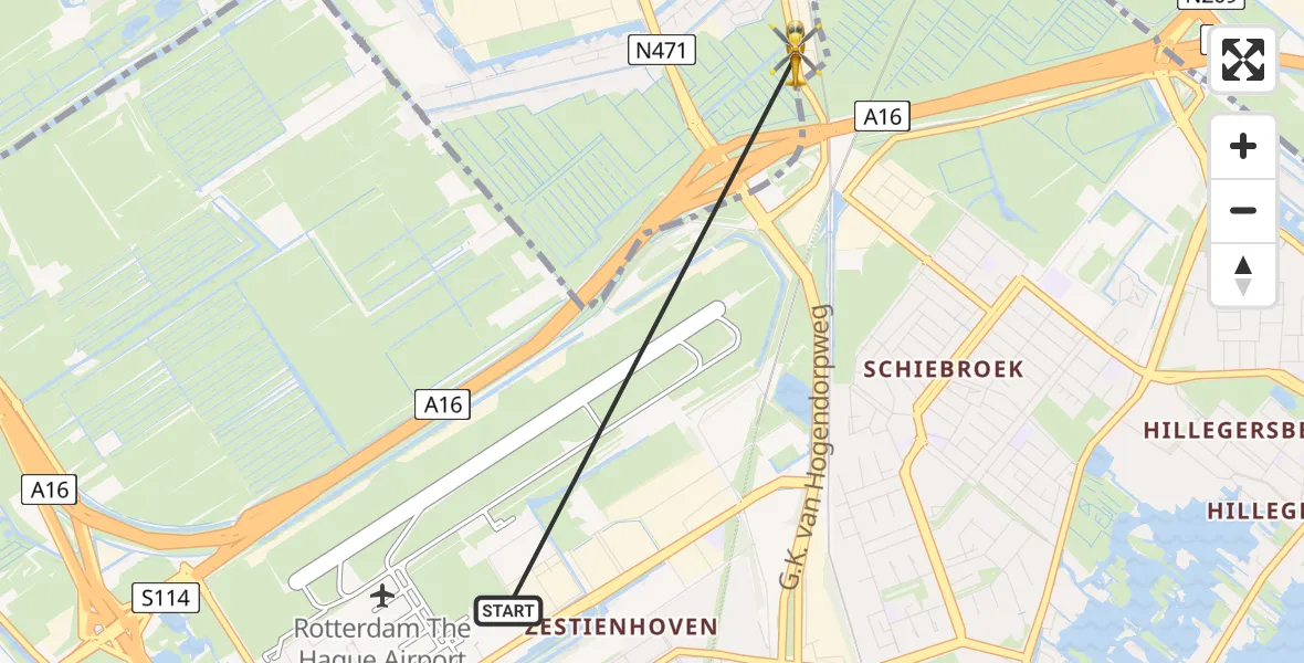 Vluchtroute Traumahelikopter Rotterdam The Hague Airport - Berkel en Rodenrijs, 25 augustus 2026, 12:00