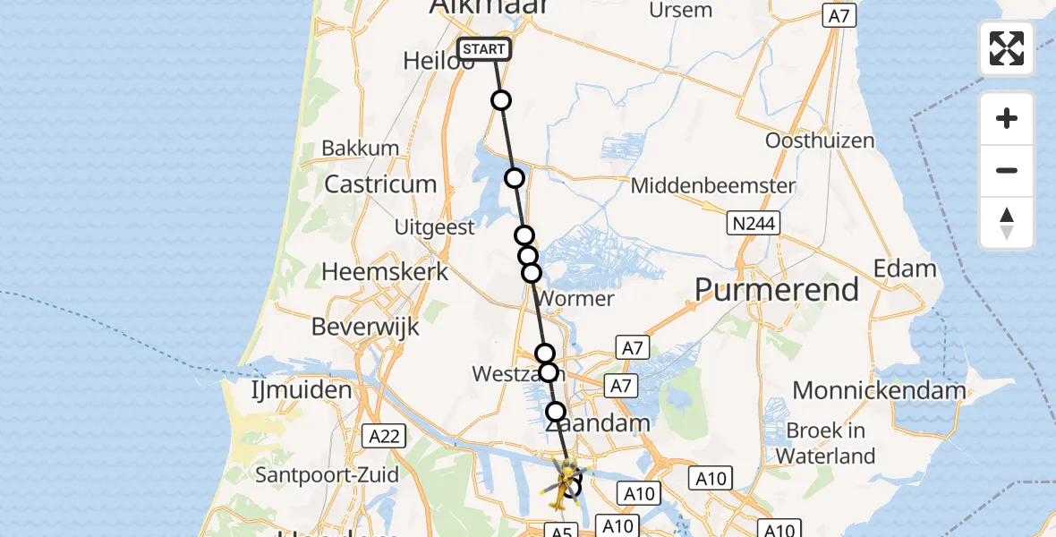 Vluchtroute Traumahelikopter Alkmaar - Amsterdam Heliport, 25 augustus 2026, 12:36
