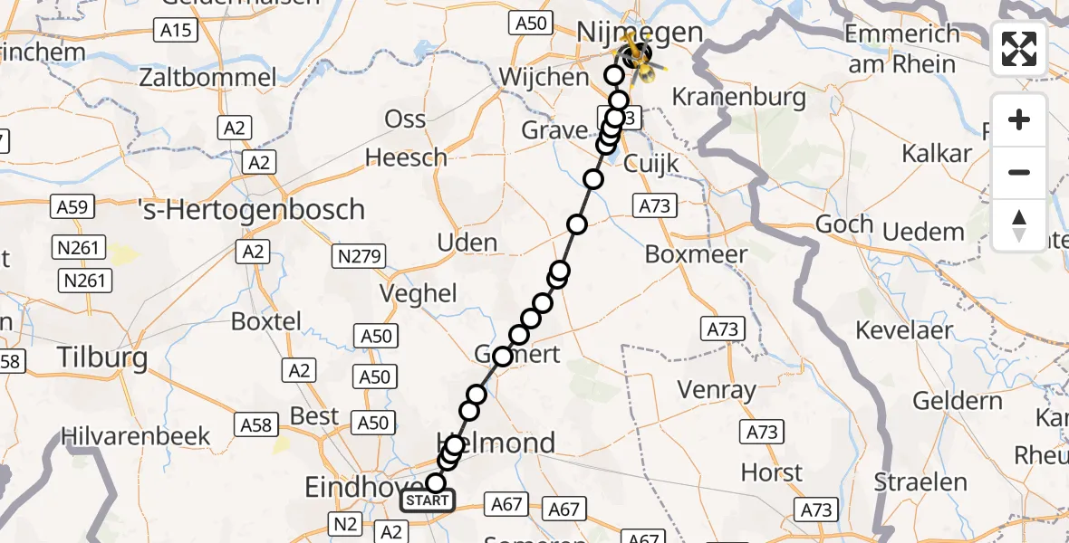 Vluchtroute Traumahelikopter Geldrop - Radboud Universitair Medisch Centrum, 25 augustus 2026, 12:38