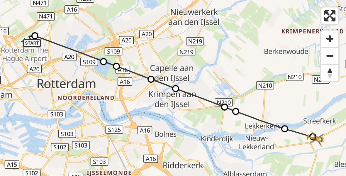 Vluchtroute Traumahelikopter Rotterdam The Hague Airport - Streefkerk, 25 augustus 2026, 12:57