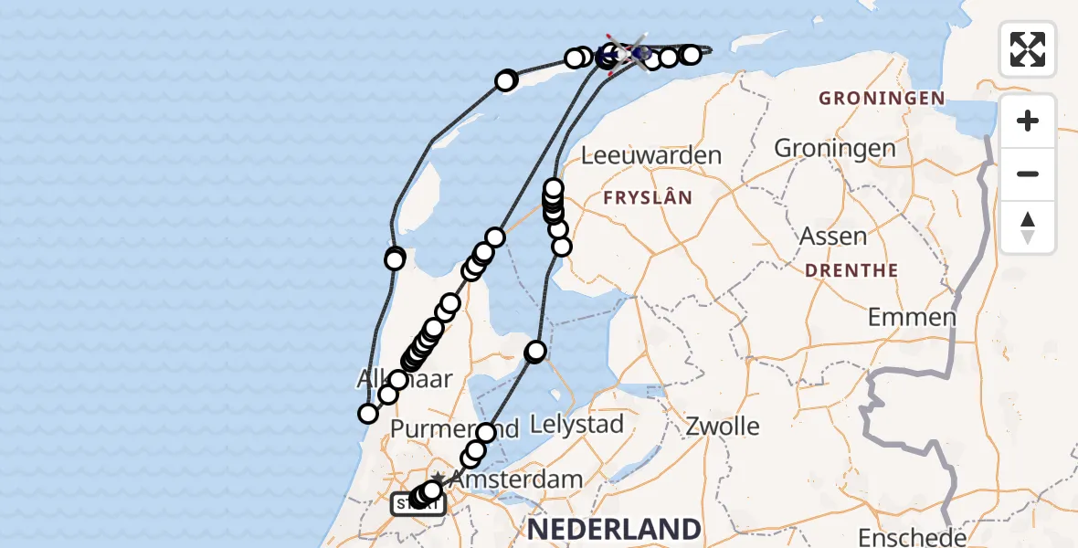 Vluchtroute Politiehelikopter Amsterdam Vliegveld Schiphol - Ameland Vliegveld Ballum, 25 augustus 2026, 13:01