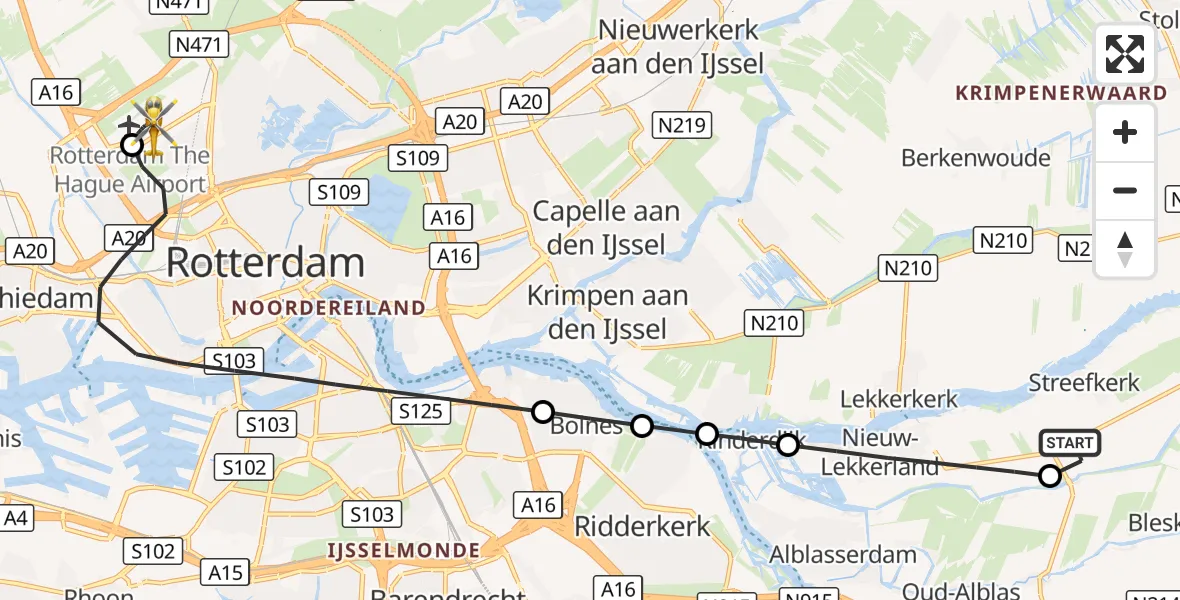 Vluchtroute Traumahelikopter Streefkerk - Rotterdam The Hague Airport, 25 augustus 2026, 13:17