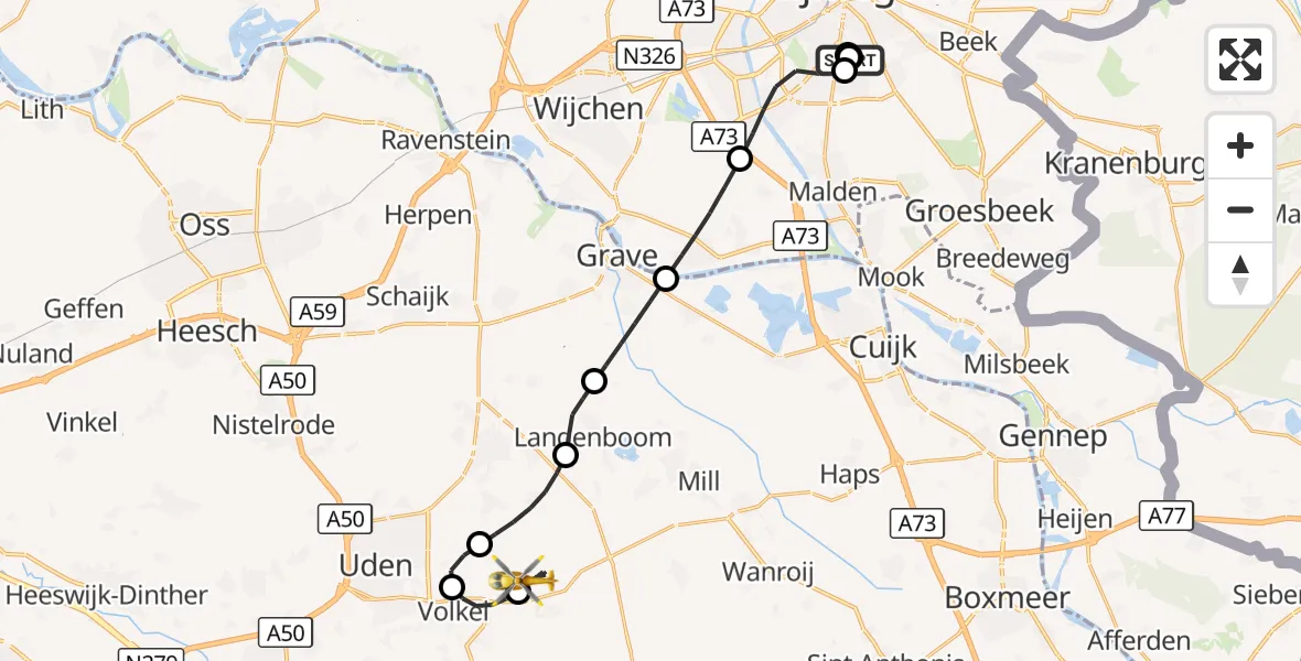 Vluchtroute Traumahelikopter Radboud Universitair Medisch Centrum - Vliegbasis Volkel, 25 augustus 2026, 13:44