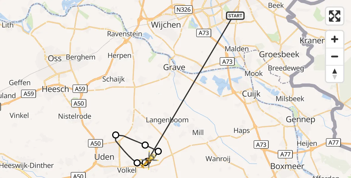 Vluchtroute Traumahelikopter Nijmegen - Vliegbasis Volkel, 25 augustus 2026, 14:02