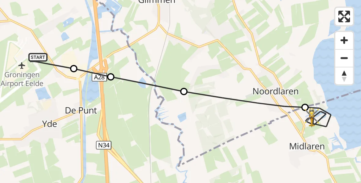 Vluchtroute Traumahelikopter Groningen Airport Eelde - Midlaren, 25 augustus 2026, 14:31