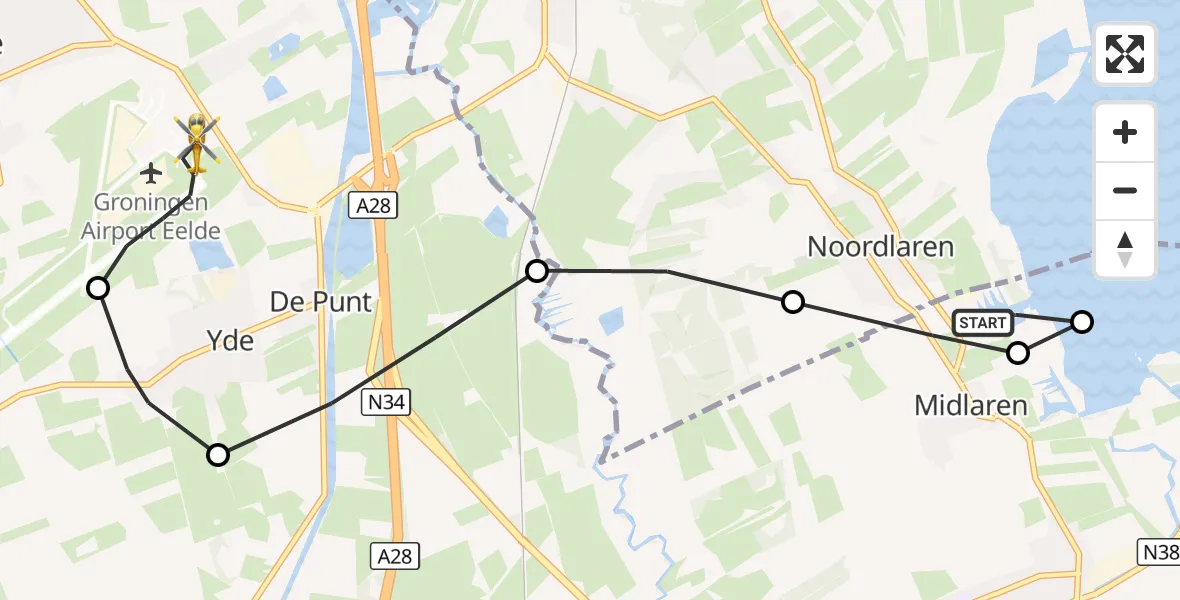 Vluchtroute Traumahelikopter Midlaren - Groningen Airport Eelde, 25 augustus 2026, 15:05