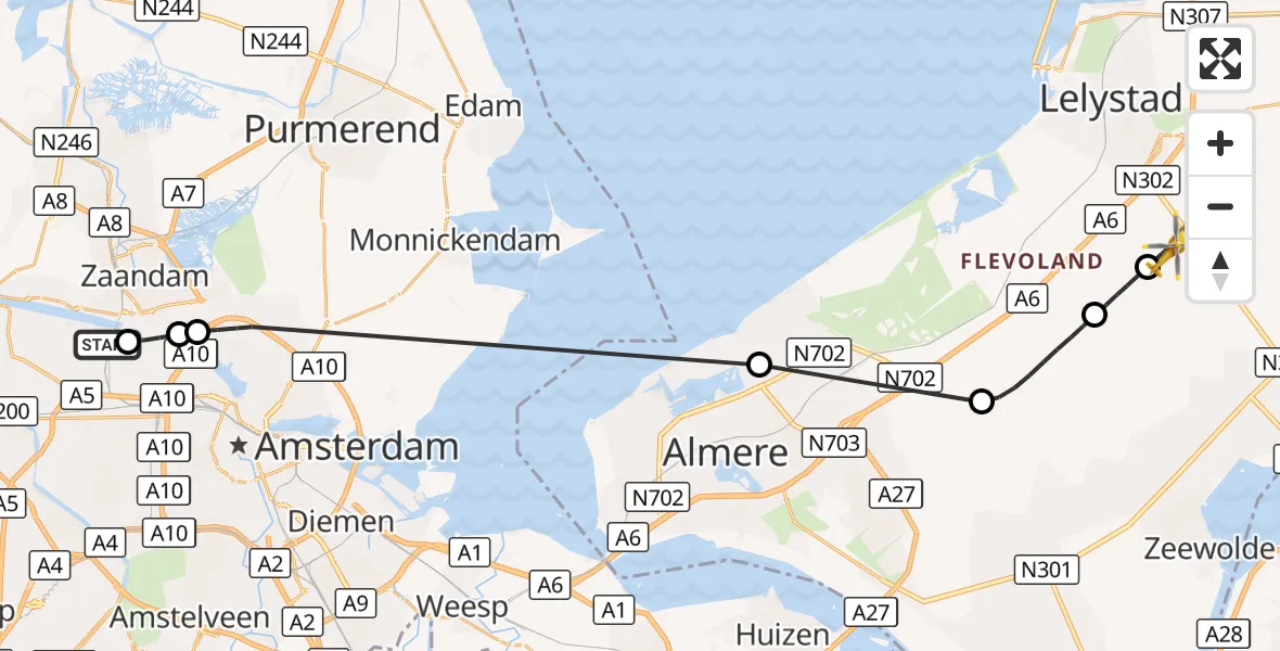 Vluchtroute Traumahelikopter Amsterdam Heliport - Lelystad Airport, 25 augustus 2026, 16:56