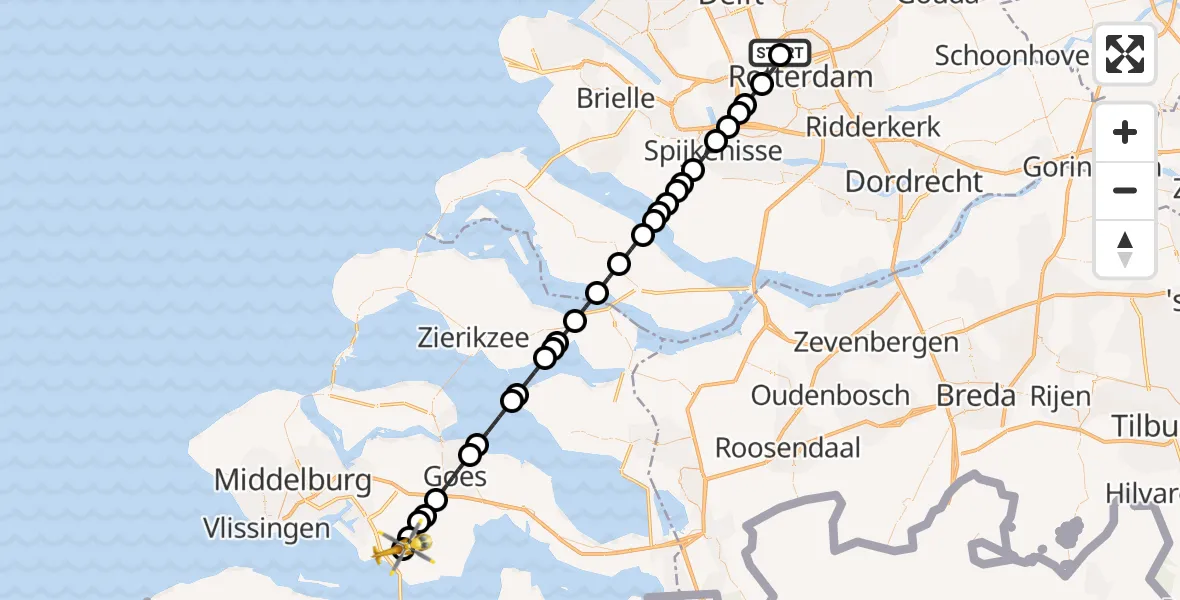 Vluchtroute Traumahelikopter Rotterdam The Hague Airport - Driewegen, 25 augustus 2026, 17:19
