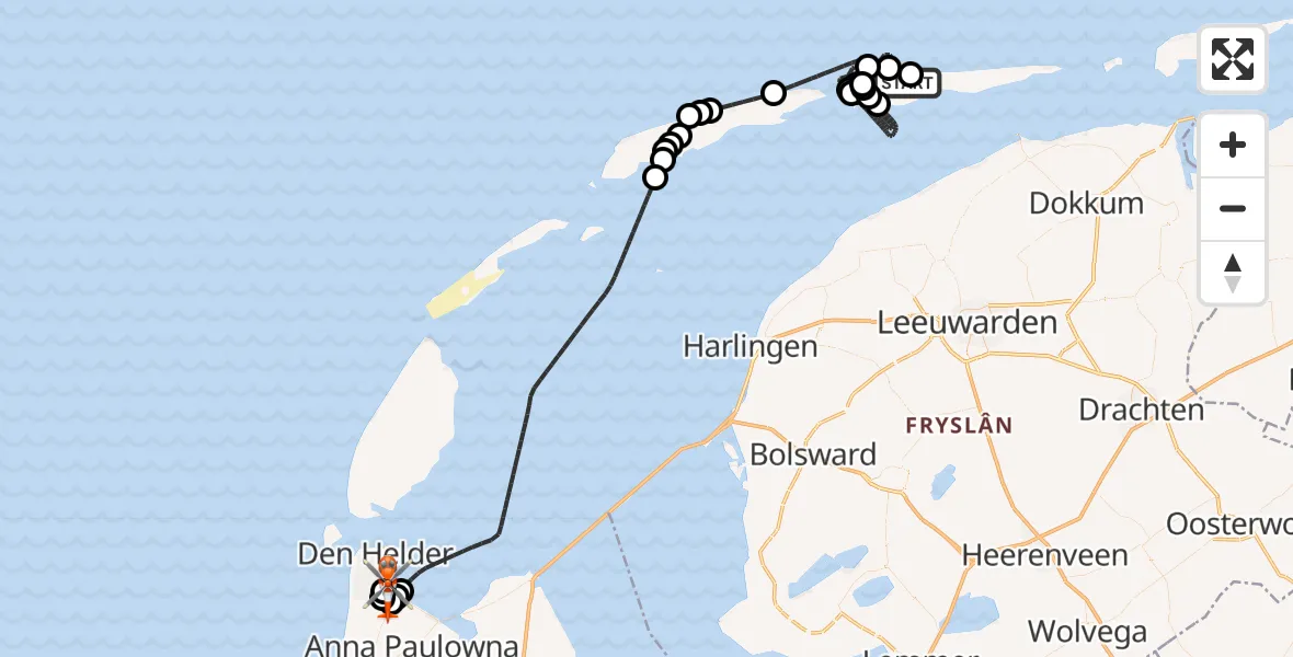Vluchtroute Kustwachthelikopter Ameland Vliegveld Ballum - Militair vliegveld De Kooy / Den Helder Airport, 25 augustus 2026, 17:41