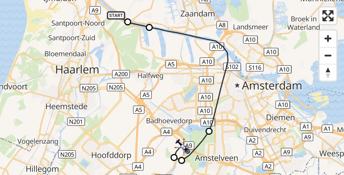 Vluchtroute Politiehelikopter Velsen-Zuid - Amsterdam Vliegveld Schiphol, 25 augustus 2026, 17:49