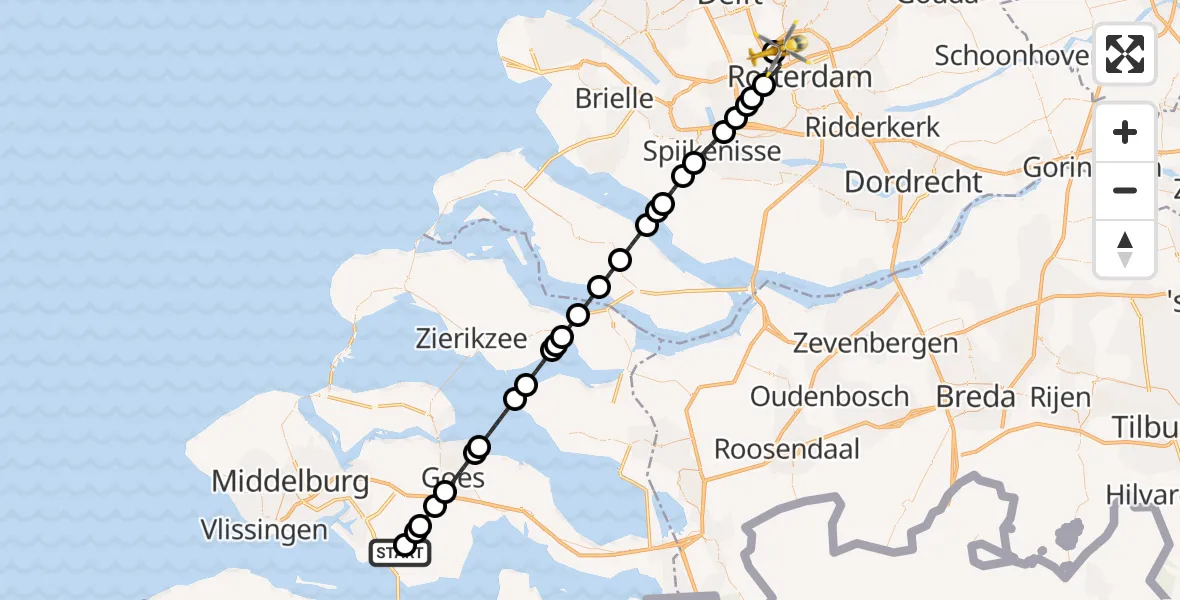 Vluchtroute Traumahelikopter Driewegen - Rotterdam The Hague Airport, 25 augustus 2026, 18:06