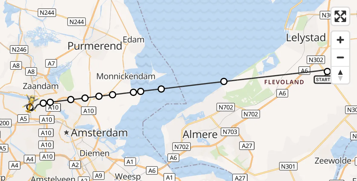Vluchtroute Traumahelikopter Lelystad Airport - Amsterdam Heliport, 25 augustus 2026, 18:42