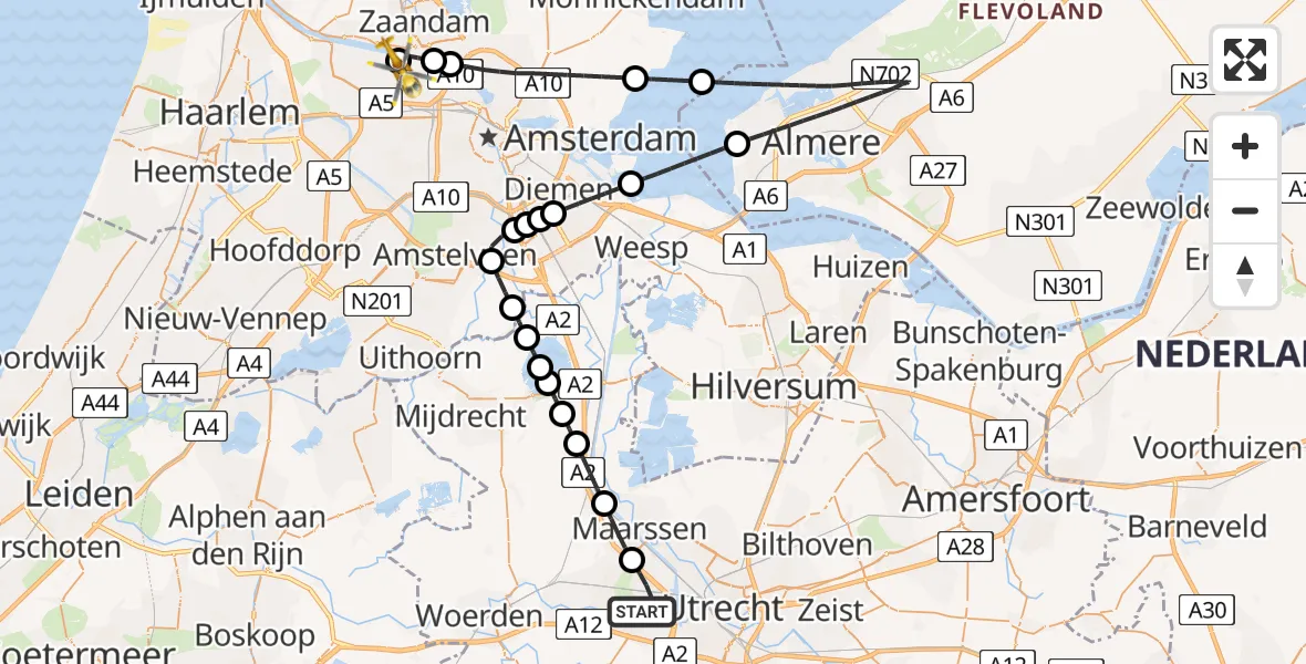 Vluchtroute Traumahelikopter Utrecht - Amsterdam Heliport, 26 augustus 2026, 04:39