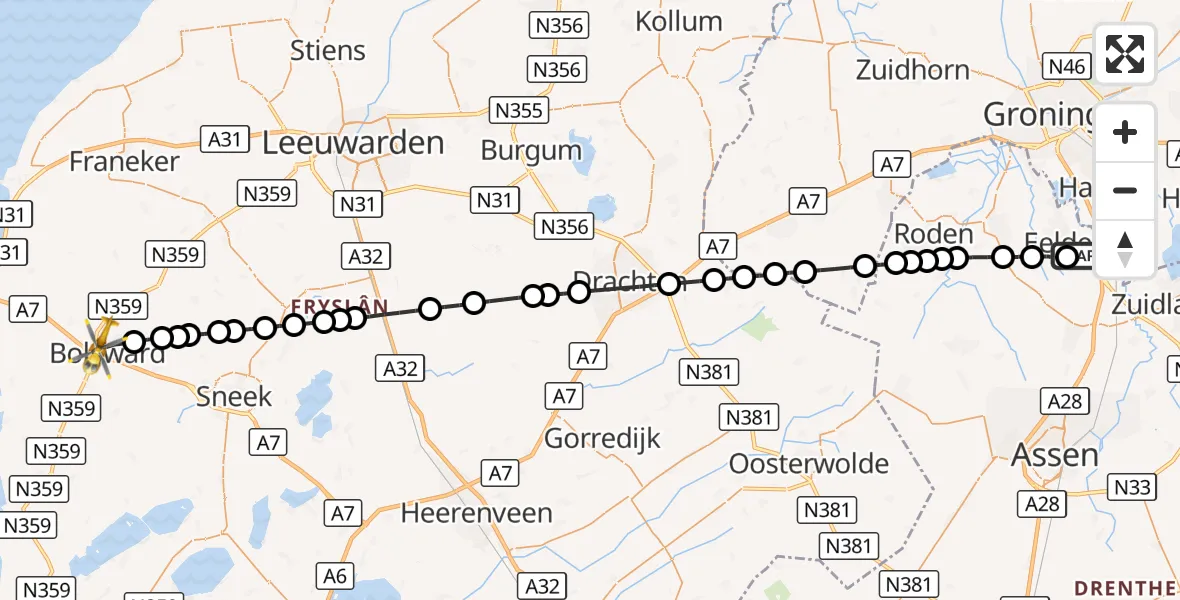 Vluchtroute Traumahelikopter Groningen Airport Eelde - Bolsward, 26 augustus 2026, 07:05