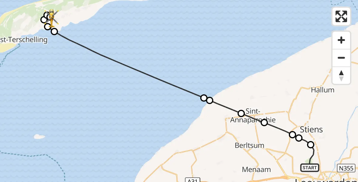 Vluchtroute Ambulancehelikopter Vliegbasis Leeuwarden - Terschelling Heliport, 26 augustus 2026, 08:47