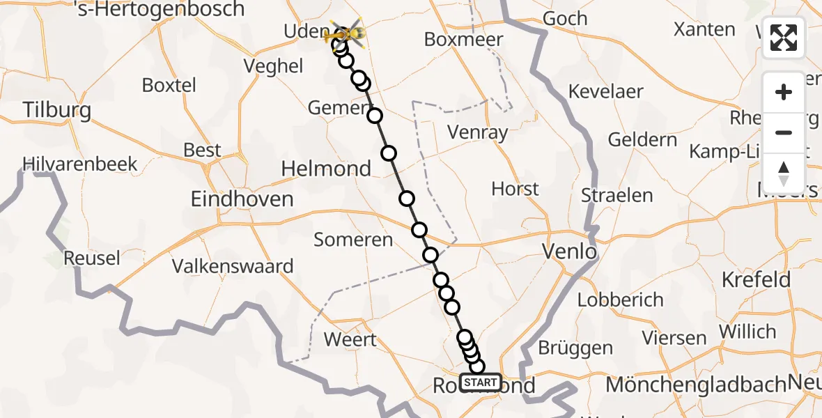 Vluchtroute Traumahelikopter Roermond - Vliegbasis Volkel, 26 augustus 2026, 10:54