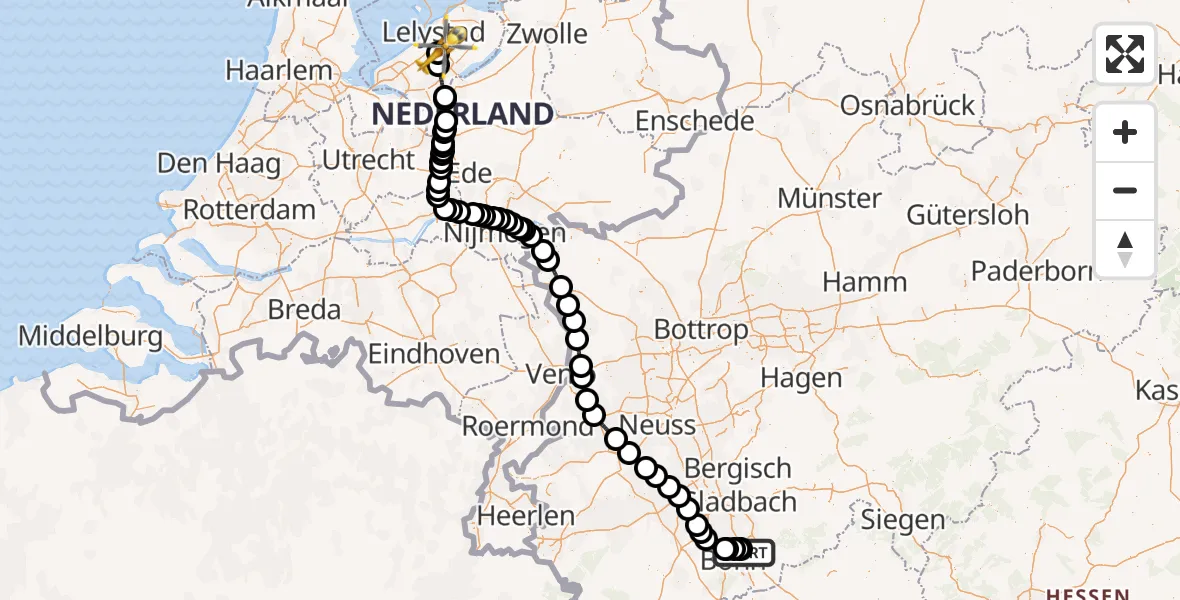 Vluchtroute Traumahelikopter Bonn-Hangelar Flugplatz - Lelystad Airport, 26 augustus 2026, 11:09