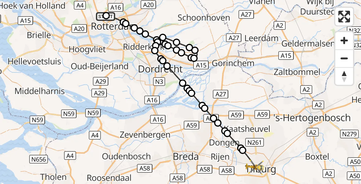 Vluchtroute Traumahelikopter Rotterdam The Hague Airport - Tilburg, 26 augustus 2026, 12:36