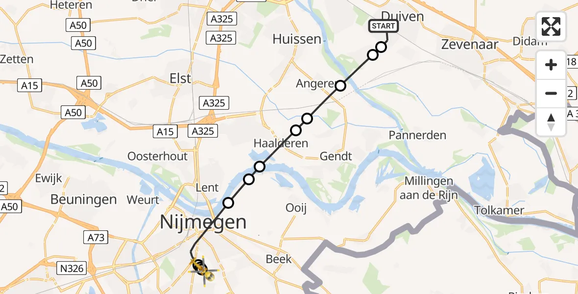 Vluchtroute Traumahelikopter Duiven - Radboud University Medical Center Heliport, 26 augustus 2026, 13:10