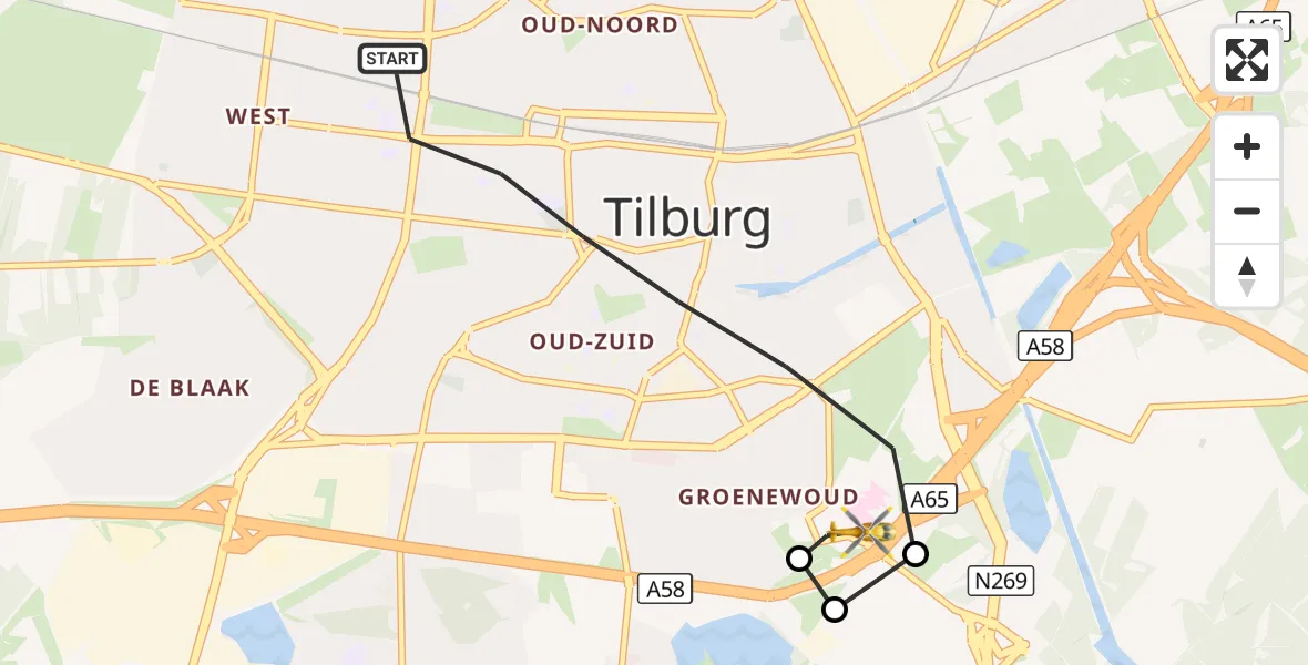 Vluchtroute Traumahelikopter Tilburg - St. Elisabeth Hospital Heliport, 26 augustus 2026, 13:26