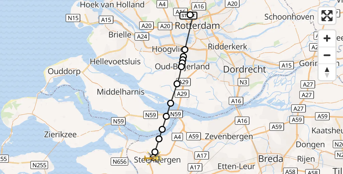Vluchtroute Traumahelikopter Rotterdam The Hague Airport - Steenbergen, 26 augustus 2026, 14:39