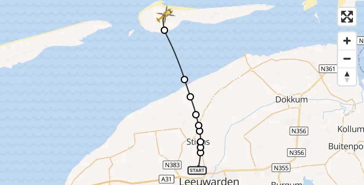 Vluchtroute Ambulancehelikopter Vliegbasis Leeuwarden - Ameland Vliegveld Ballum, 26 augustus 2026, 14:47
