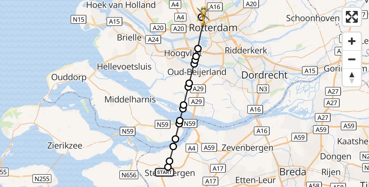 Vluchtroute Traumahelikopter Steenbergen - Rotterdam The Hague Airport, 26 augustus 2026, 15:09