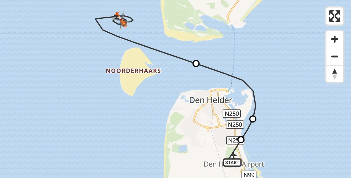 Vluchtroute Kustwachthelikopter Militair vliegveld De Kooy / Den Helder Airport - Noordzee, 26 augustus 2026, 18:06