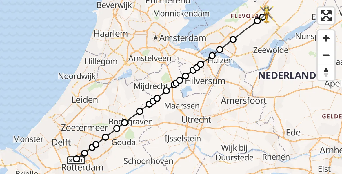 Vluchtroute Traumahelikopter Rotterdam The Hague Airport - Lelystad Airport, 26 augustus 2026, 22:00