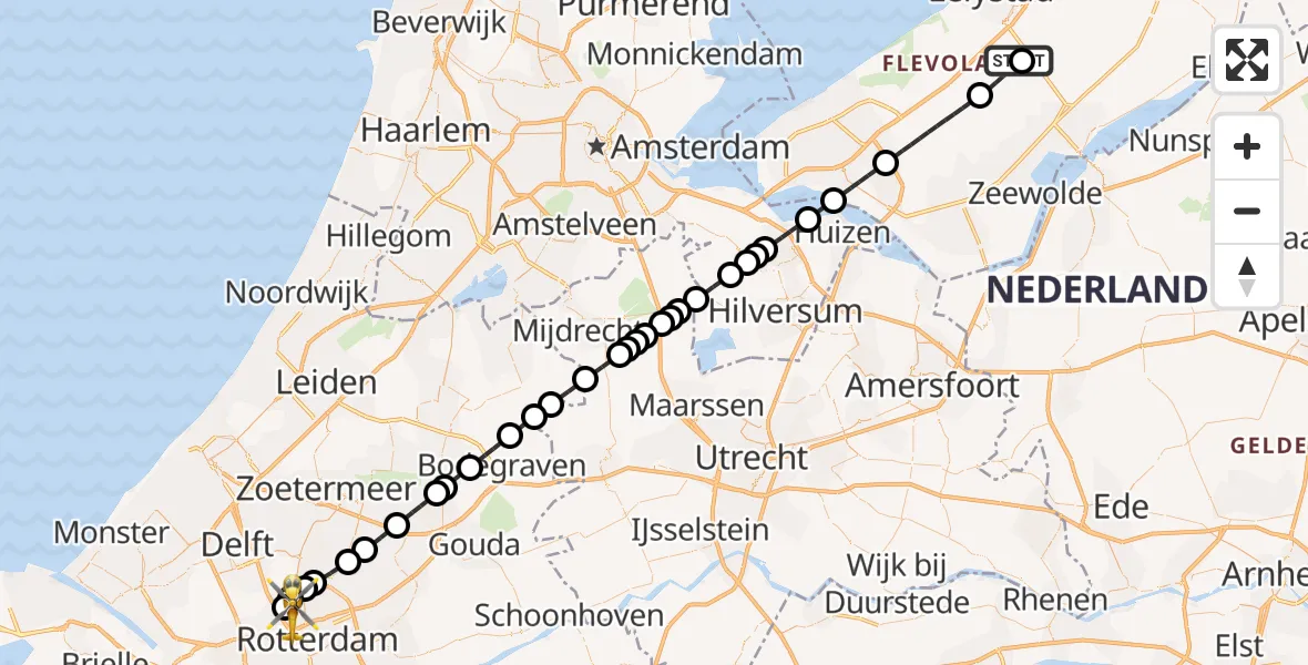 Vluchtroute Traumahelikopter Lelystad Airport - Rotterdam The Hague Airport, 27 augustus 2026, 00:08