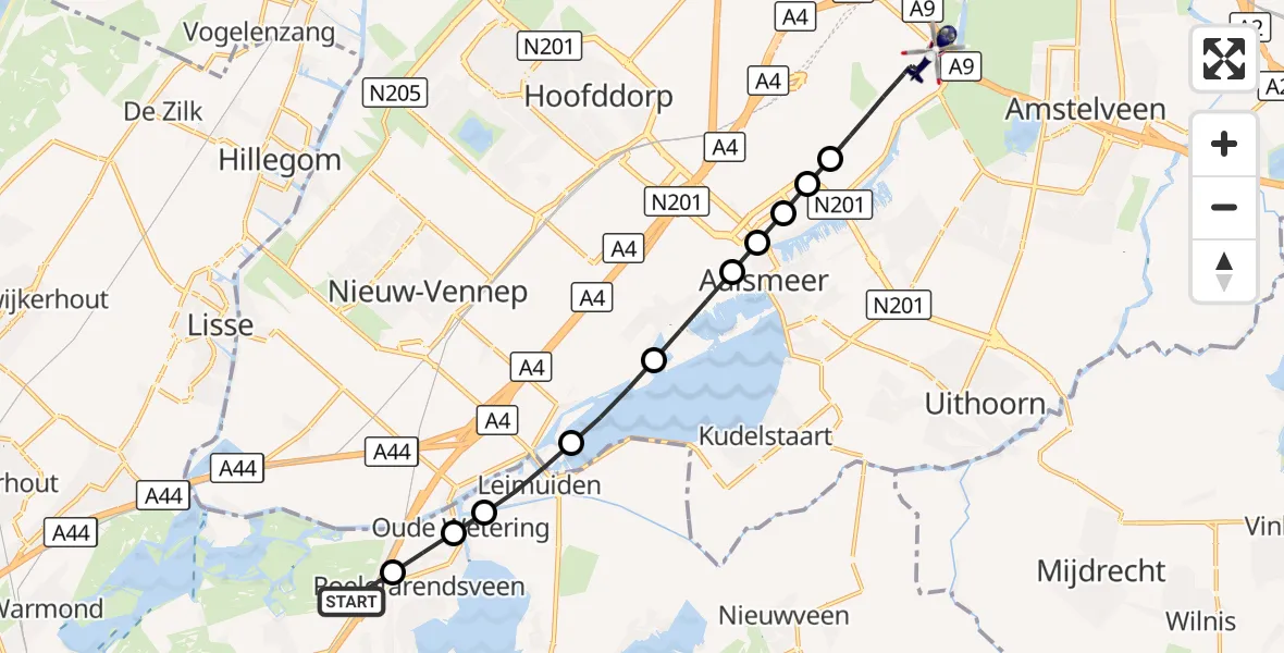 Vluchtroute Politiehelikopter Nieuwe Wetering - Amsterdam Vliegveld Schiphol, 27 augustus 2026, 00:38