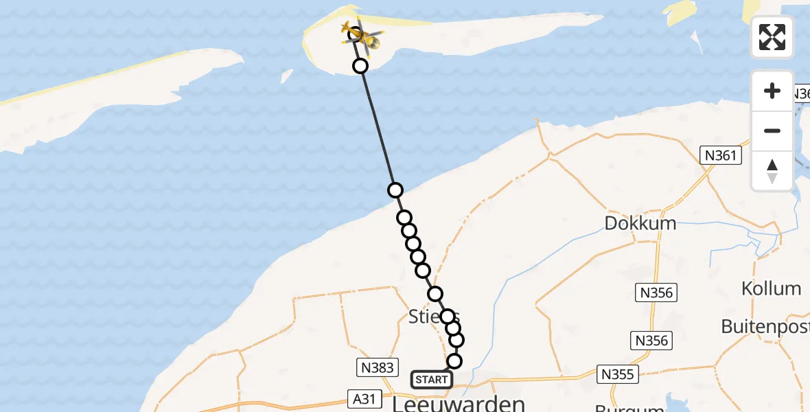 Vluchtroute Ambulancehelikopter Vliegbasis Leeuwarden - Ameland Vliegveld Ballum, 27 augustus 2026, 03:17