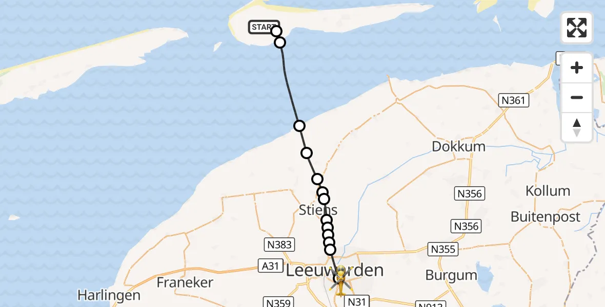 Vluchtroute Ambulancehelikopter Ameland Vliegveld Ballum - Leeuwarden Medical Center Heliport, 27 augustus 2026, 03:41