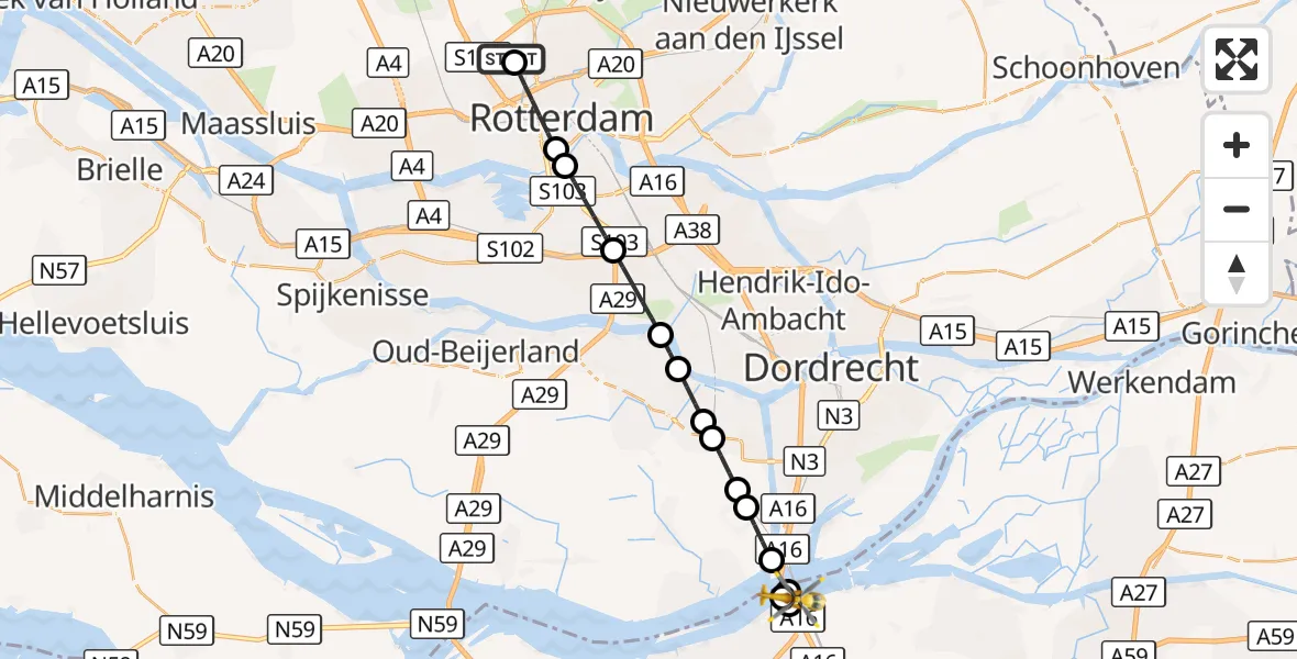 Vluchtroute Traumahelikopter Rotterdam The Hague Airport - Moerdijk, 27 augustus 2026, 10:40