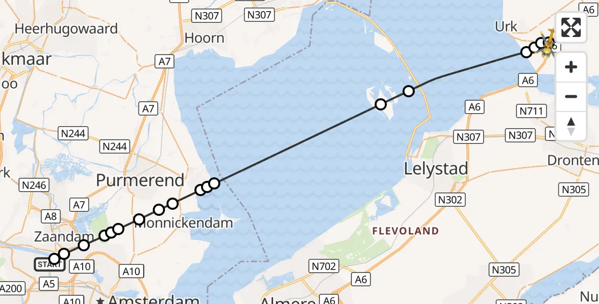Vluchtroute Traumahelikopter Amsterdam Heliport - Nagele, 27 augustus 2026, 10:42