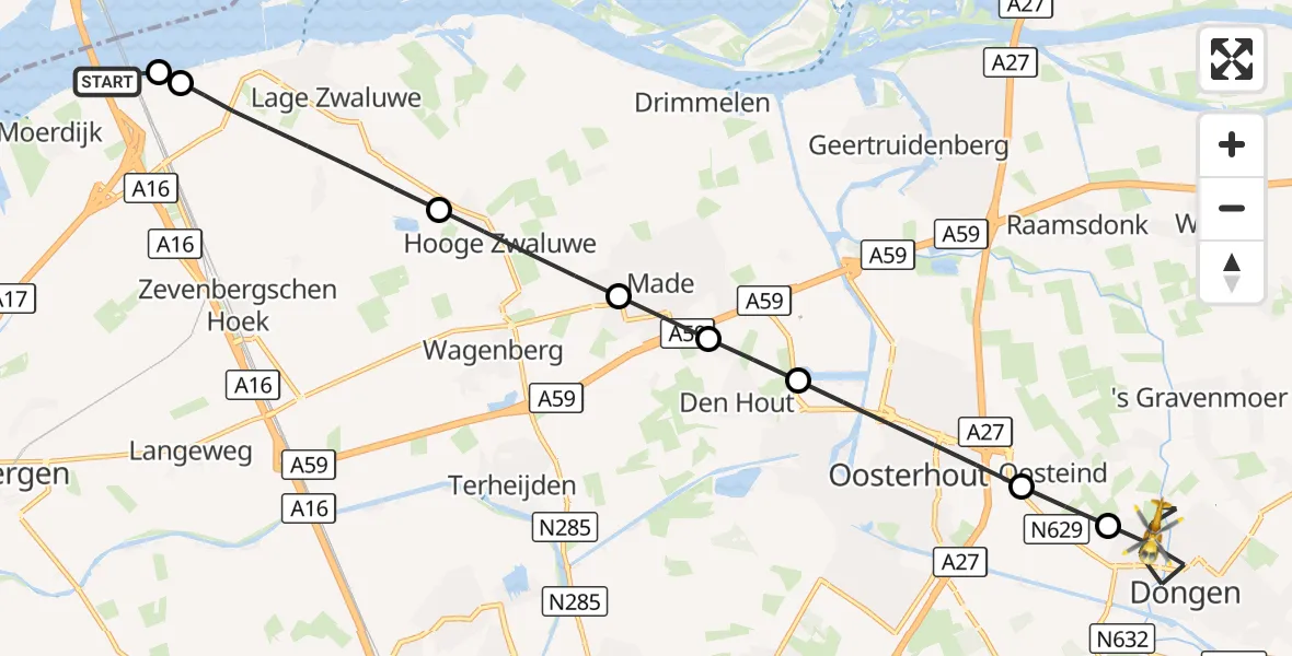 Vluchtroute Traumahelikopter Moerdijk - Dongen, 27 augustus 2026, 11:04