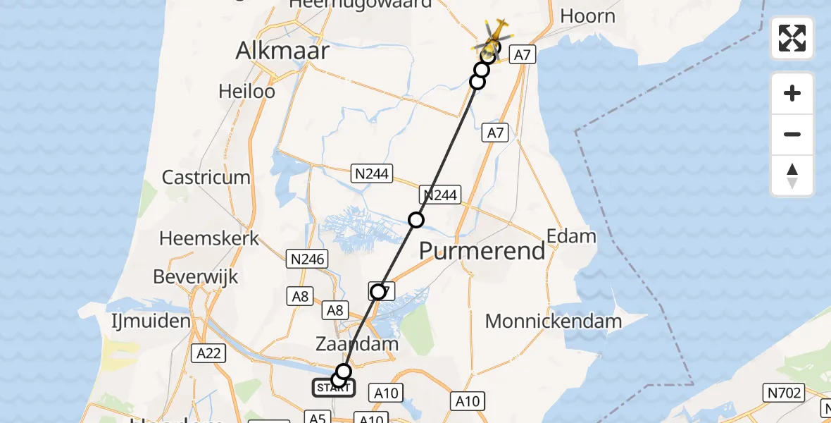 Vluchtroute Traumahelikopter Amsterdam Heliport - Berkhout, 27 augustus 2026, 11:35