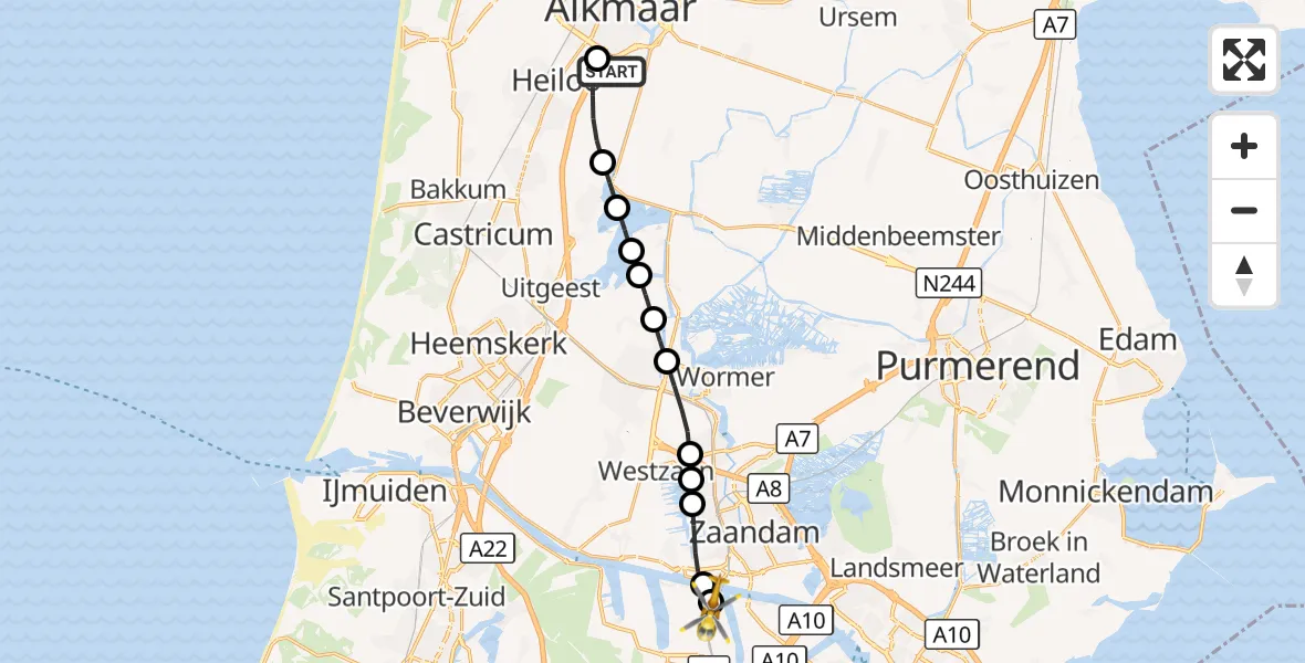 Vluchtroute Traumahelikopter Alkmaar - Amsterdam Heliport, 27 augustus 2026, 12:47
