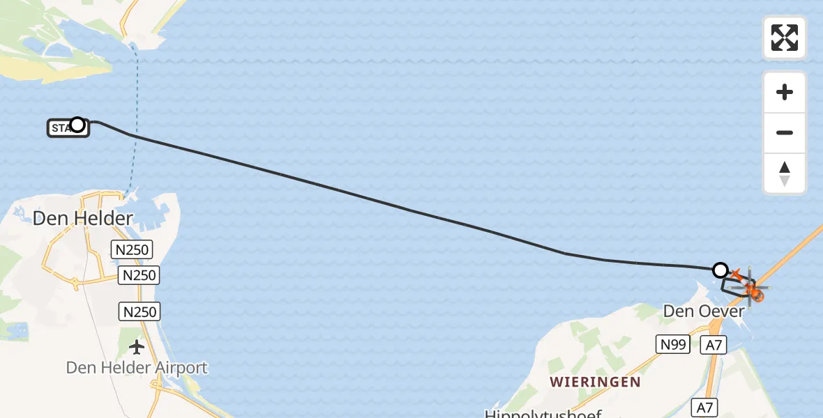 Vluchtroute Kustwachthelikopter Noordzee - Den Oever, 27 augustus 2026, 13:02