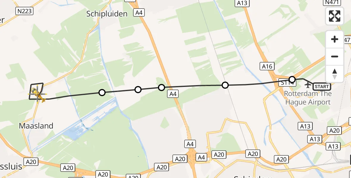 Vluchtroute Traumahelikopter Rotterdam The Hague Airport - Maasland, 27 augustus 2026, 14:42