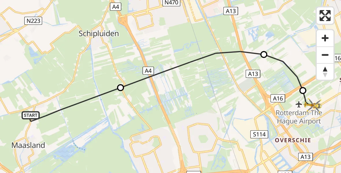 Vluchtroute Traumahelikopter Maasland - Rotterdam The Hague Airport, 27 augustus 2026, 15:08
