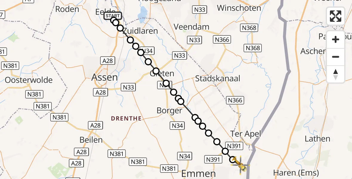 Vluchtroute Traumahelikopter Groningen Airport Eelde - Emmer-Compascuum, 27 augustus 2026, 16:54