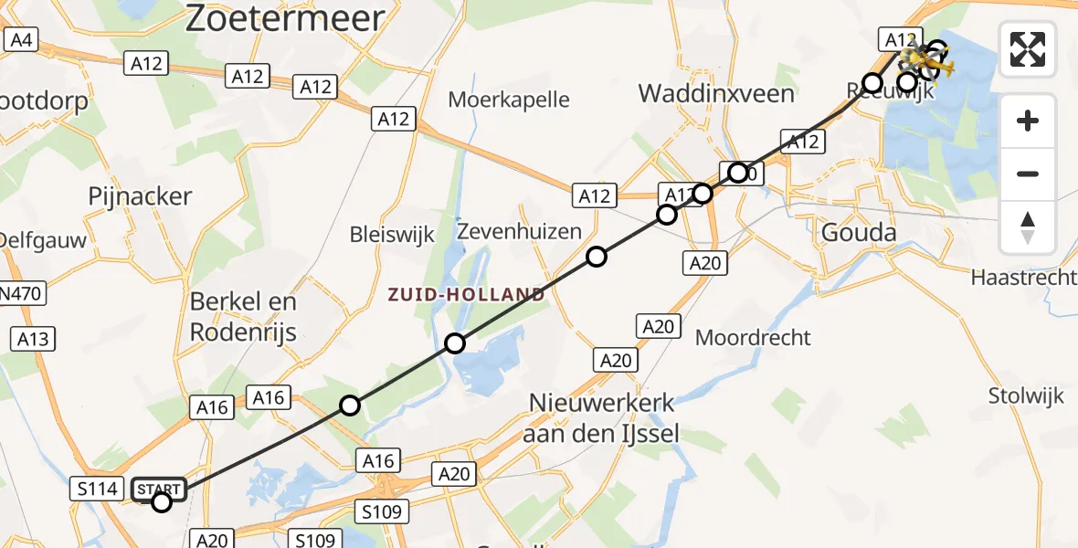 Vluchtroute Traumahelikopter Rotterdam The Hague Airport - Reeuwijk, 27 augustus 2026, 17:04