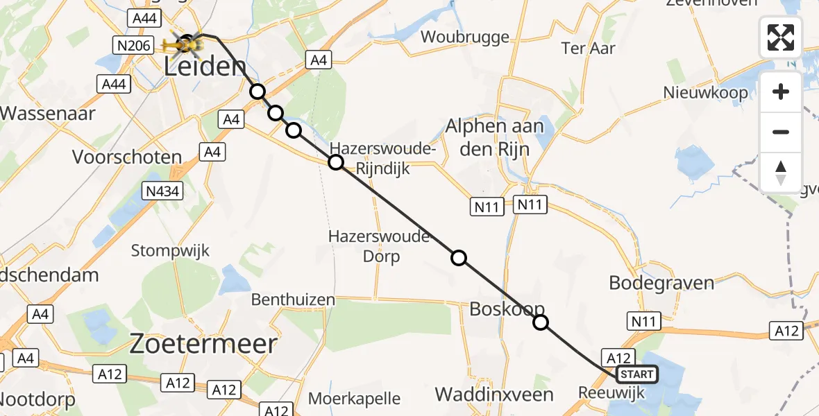 Vluchtroute Traumahelikopter Reeuwijk - Leids Universitair Medisch Centrum (LUMC), 27 augustus 2026, 17:47