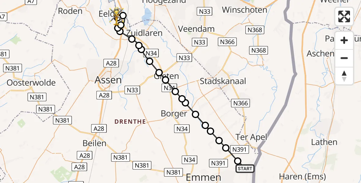 Vluchtroute Traumahelikopter Emmer-Compascuum - Groningen Airport Eelde, 27 augustus 2026, 18:04
